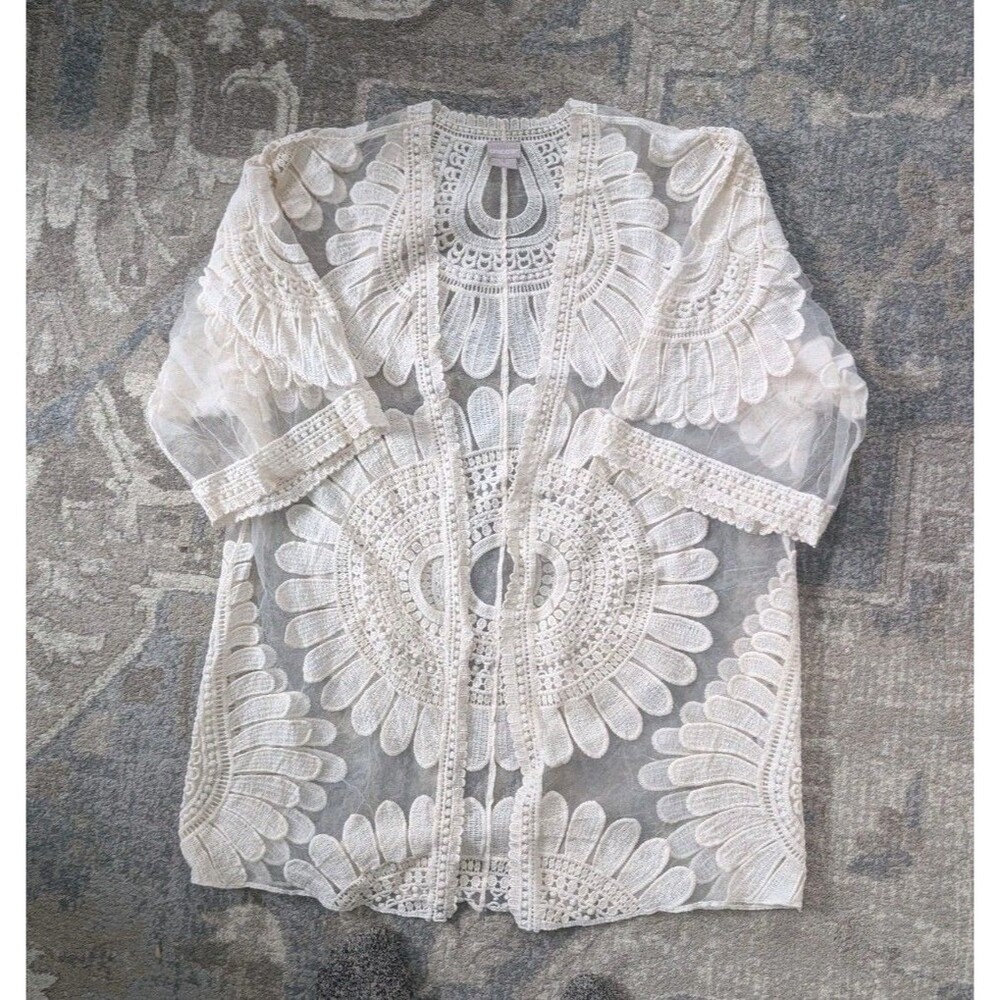 Chicos Ivory Boho Floral Lace Women's S-M Boho Cardigan Swim Cover Beach Elegant